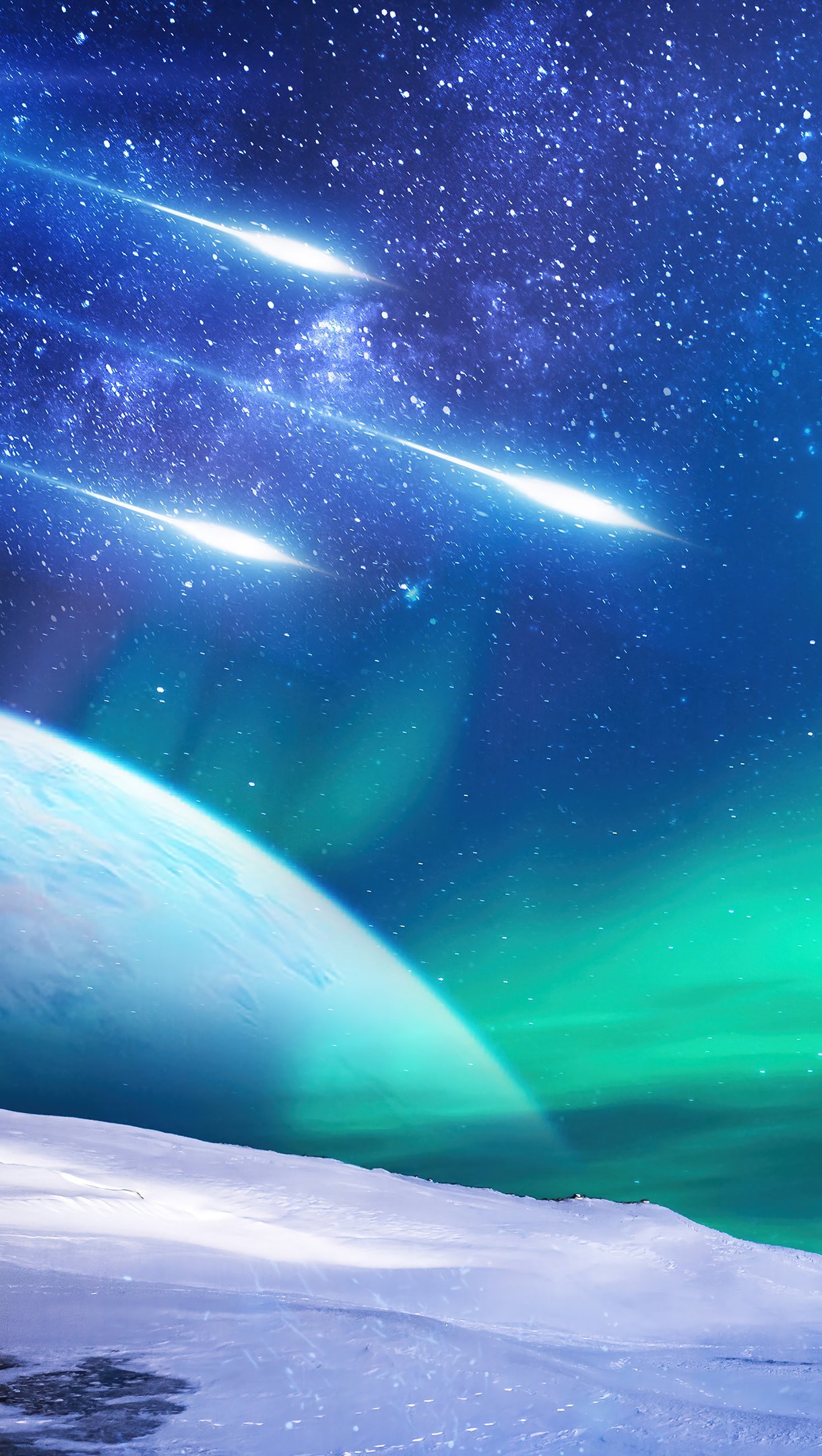 Northern lights with shooting stars and planet in the background Wallpaper 4k Ultra HD