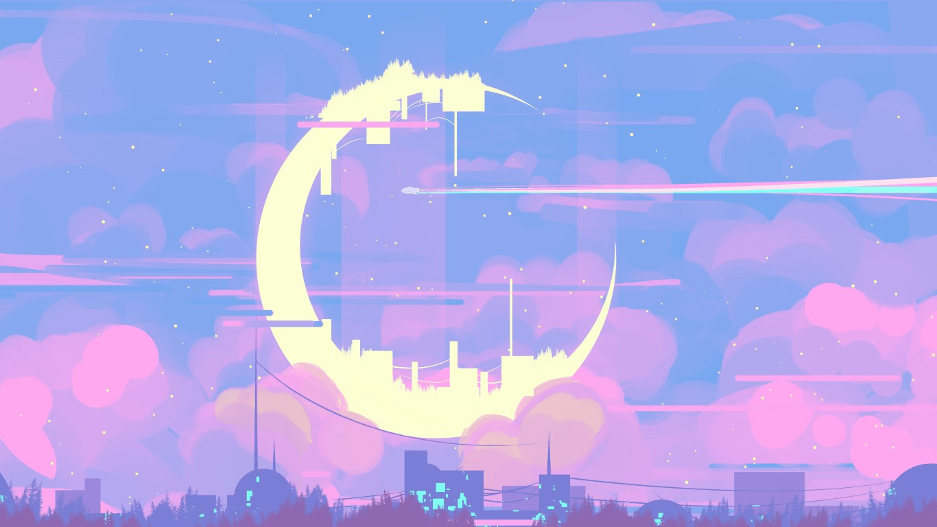 A digital illustration of a cityscape at night with a half moon in the sky. The aesthetic is pastel and neon colors. - 1366x768