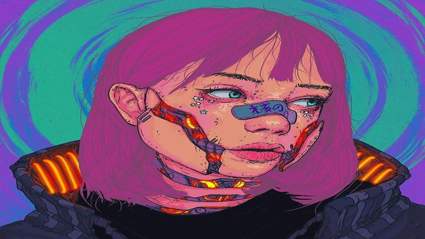 A pink-haired woman with cybernetic eyes and a mouth plate looks into the distance. - 1366x768