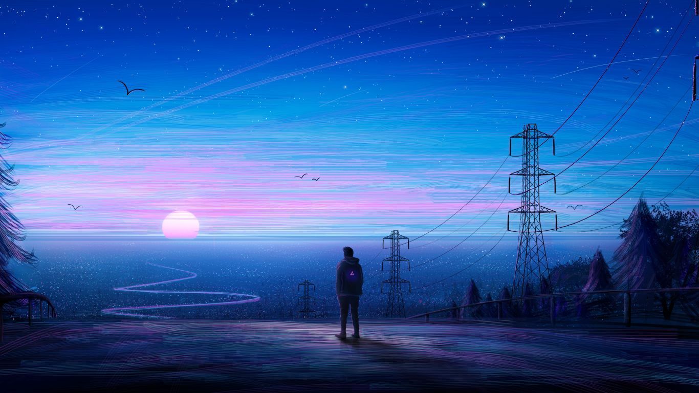 Anime, anime boys, standing, alone, power lines, sunset, night, trees, mountains, sky, clouds, art, art wallpaper, anime wallpaper, anime boys wallpaper, standing alone wallpaper, power lines wallpaper, sunset wallpaper, night wallpaper, trees wallpaper, mountains wallpaper, sky wallpaper, clouds wallpaper, art wallpaper, anime wallpaper, anime boys wallpaper - 1366x768