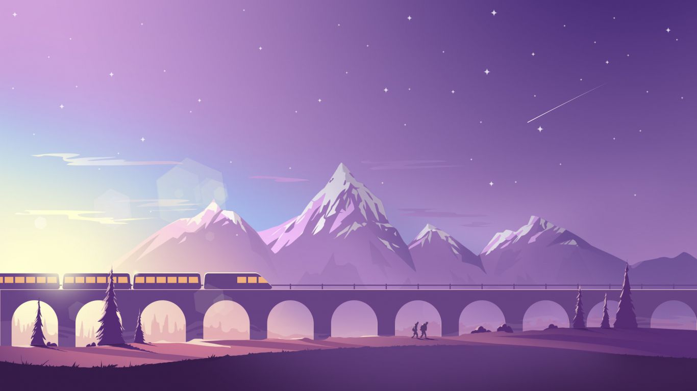 A train traveling over an old bridge - 1366x768