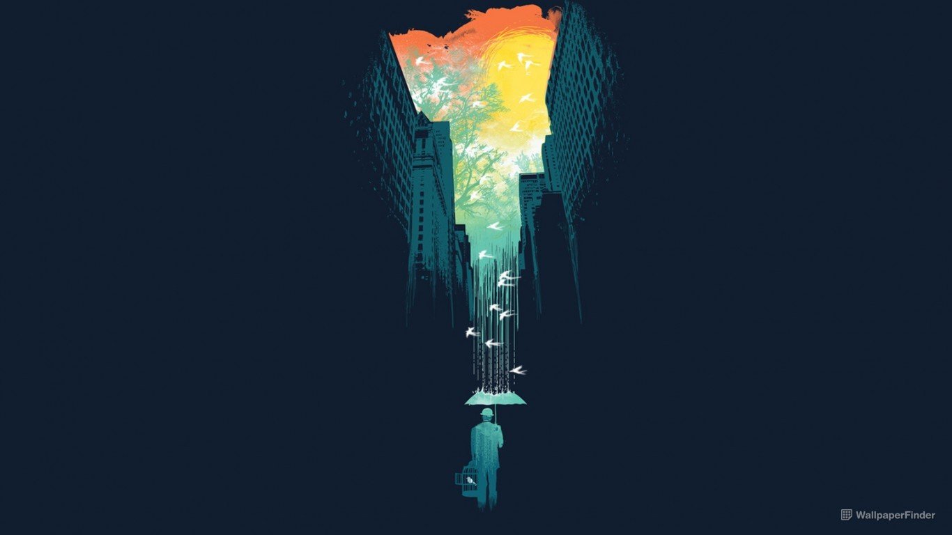 Illustration of a man looking at a colorful waterfall - 1366x768
