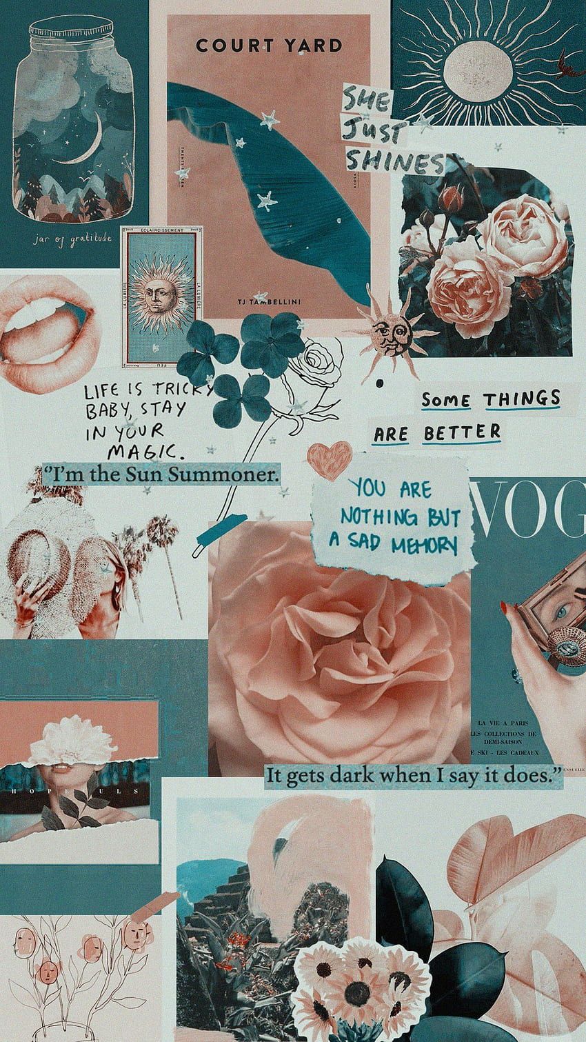 A collage of vintage aesthetic images, including flowers, a sun, and a quote. - Retro