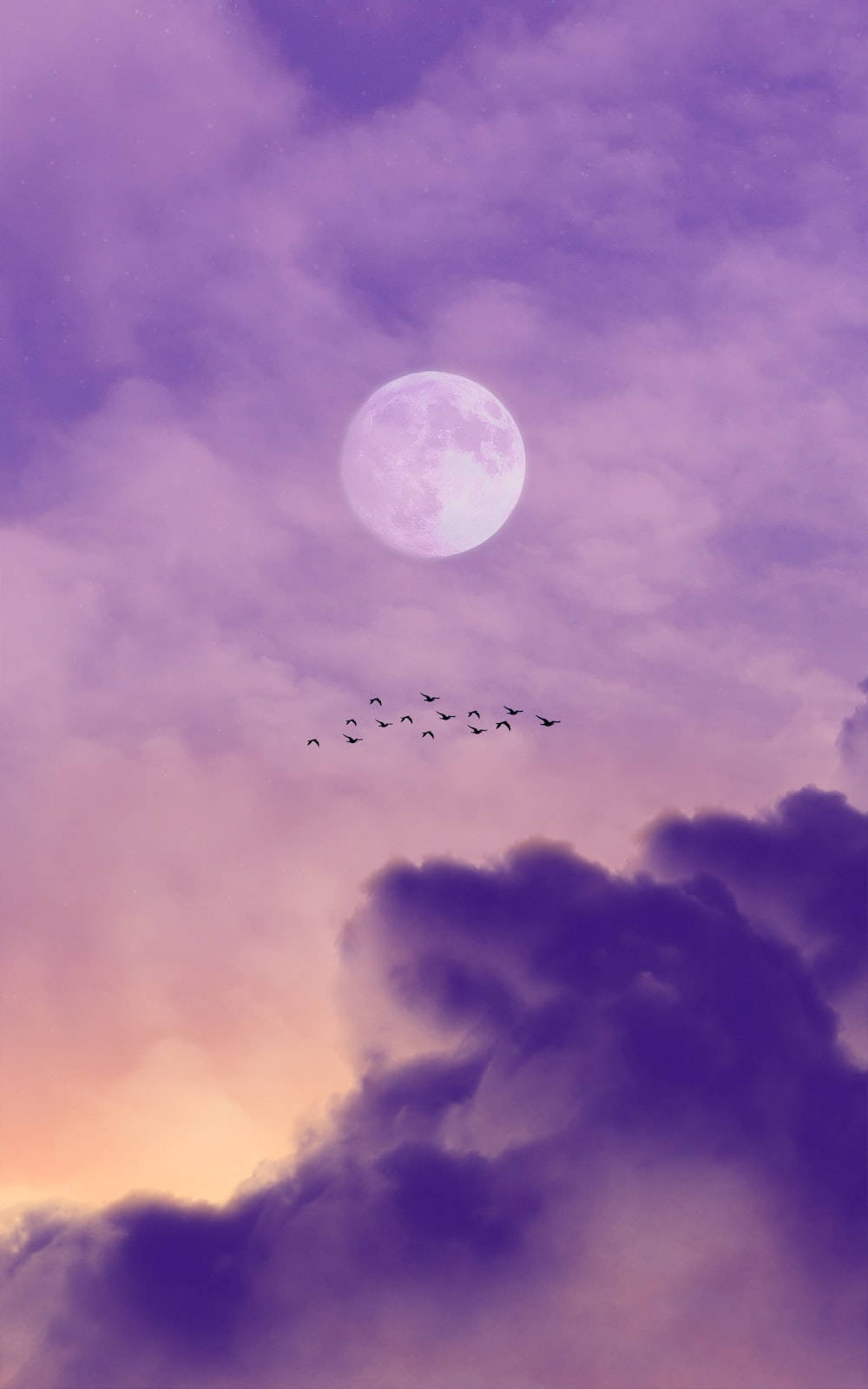 A flock of birds flying under the full moon - Light purple, May