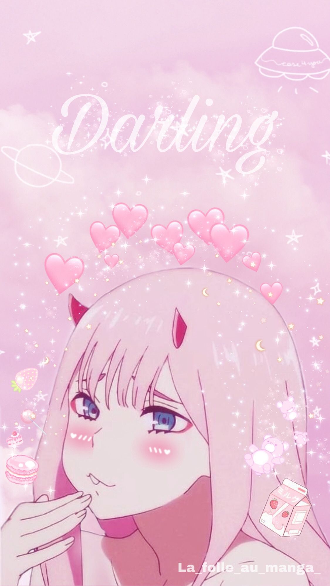 Anime girl pink background with hearts and the word darling - Anime girl
