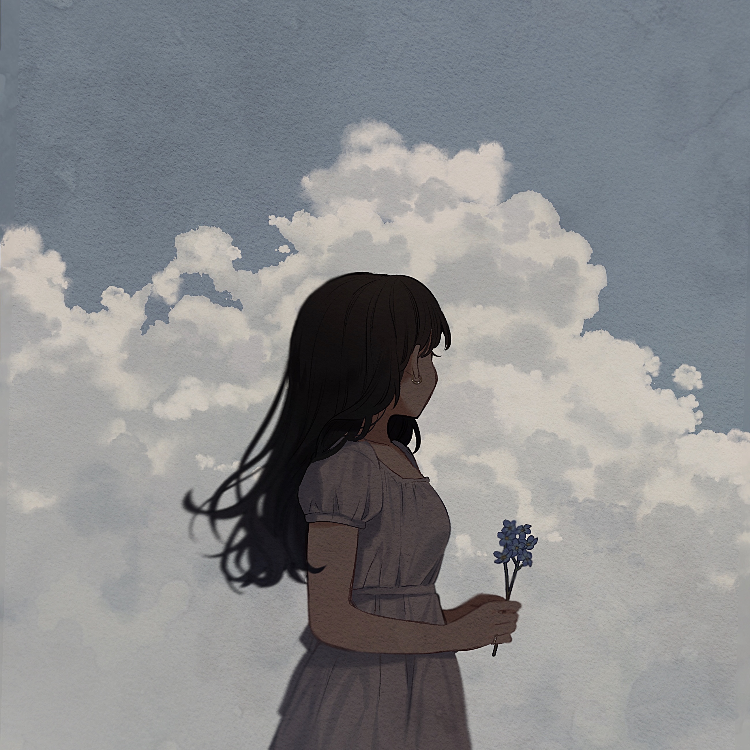 A woman with long black hair holding a blue flower with a cloudy sky in the background - Anime girl