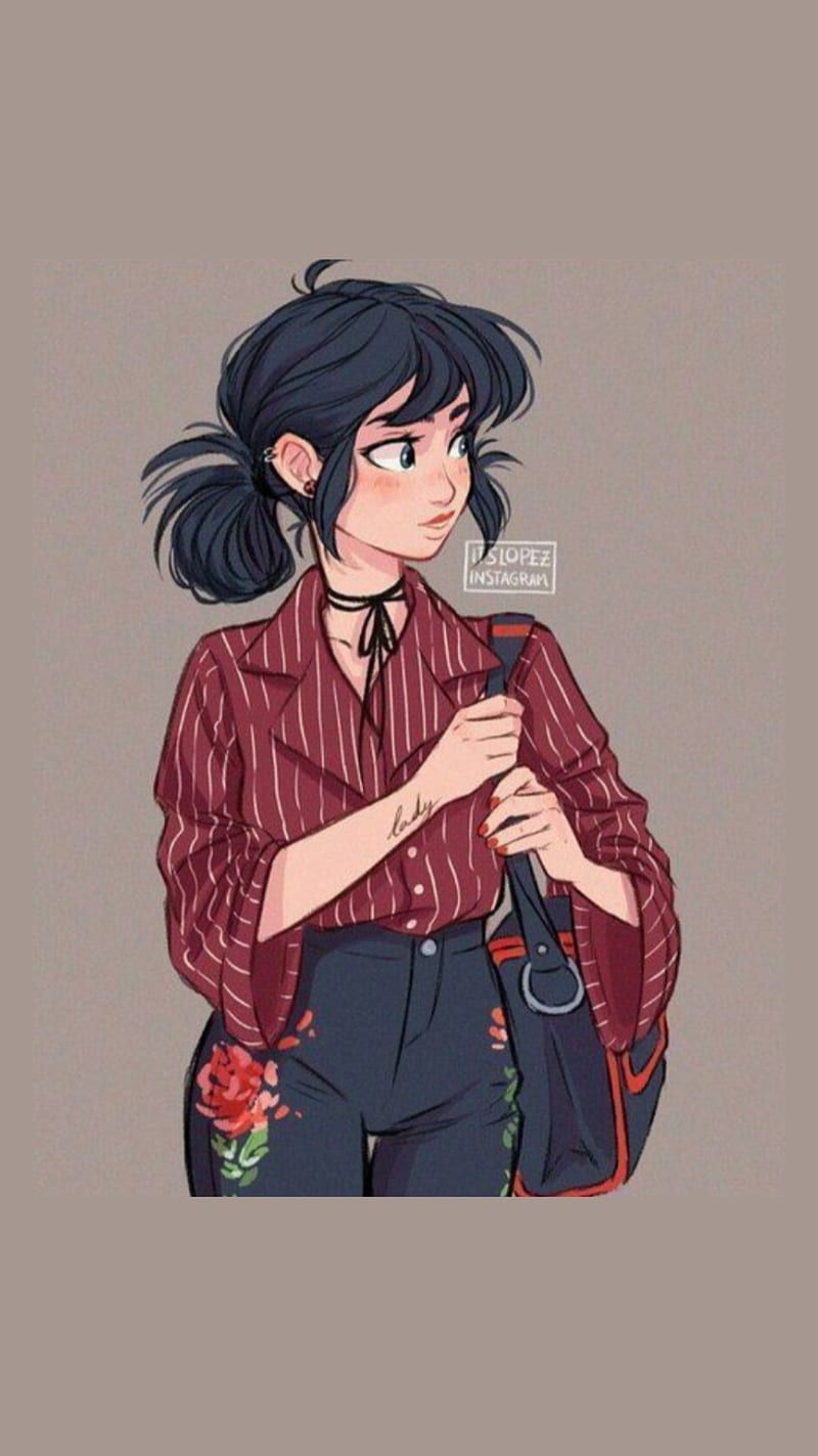 Cartoon drawing of a girl, with black hair, in a red shirt, holding a bag, aesthetic backgrounds - Anime girl