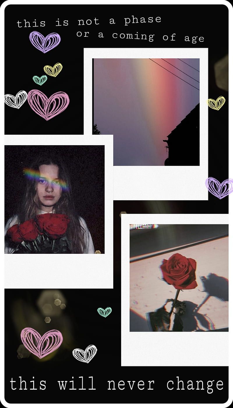 A collage of a girl holding roses, a rainbow, and text that says 
