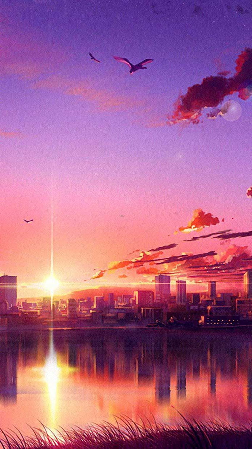 The sunset over a city and lake - Anime sunset