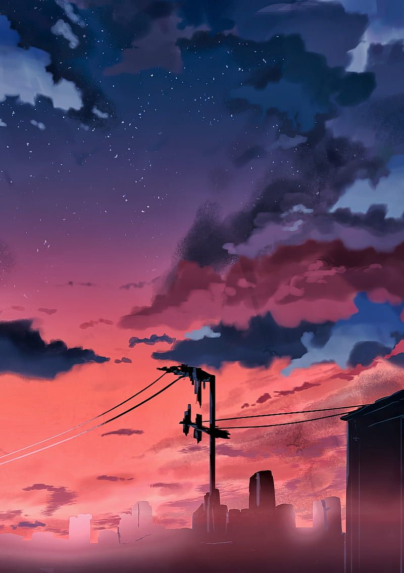 An anime style illustration of a telephone pole in a pink and blue sky - Anime sunset