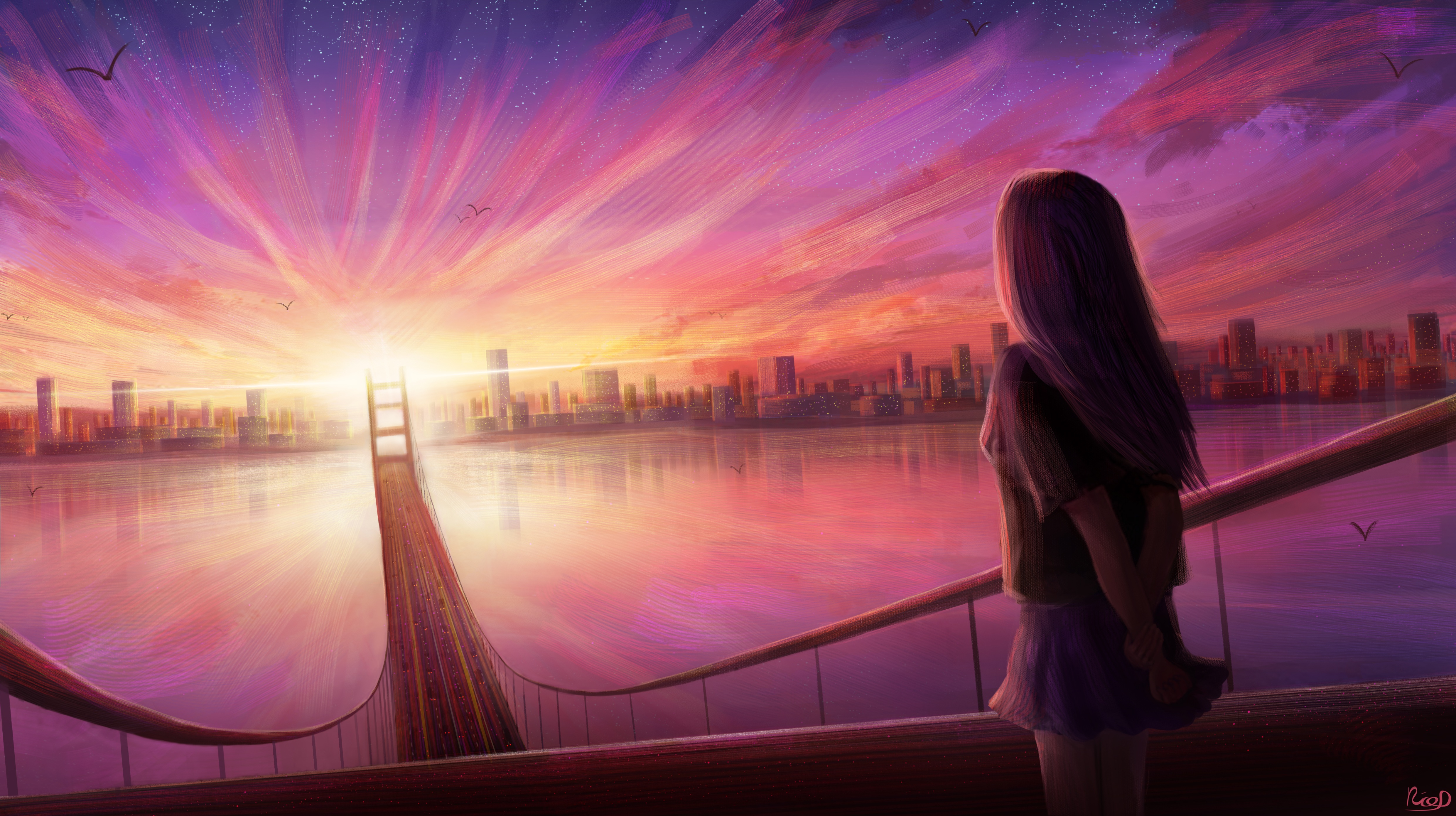 A girl looking at the sunset over water - Anime sunset