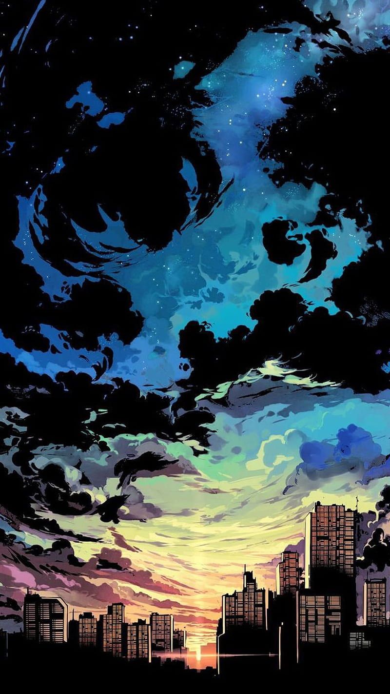 Aesthetic anime wallpaper for phone of a city at sunset - Anime sunset