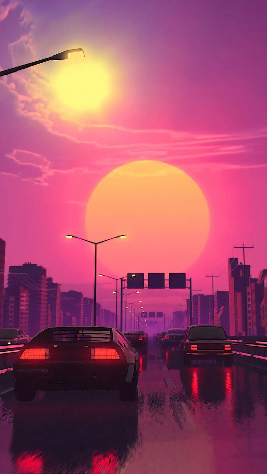 A painting of cars driving down the street at night - Anime sunset
