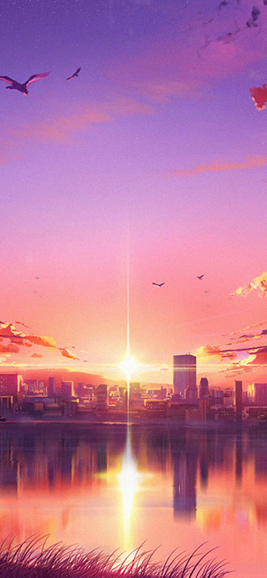 A sunset over the water with birds flying in it - Anime sunset