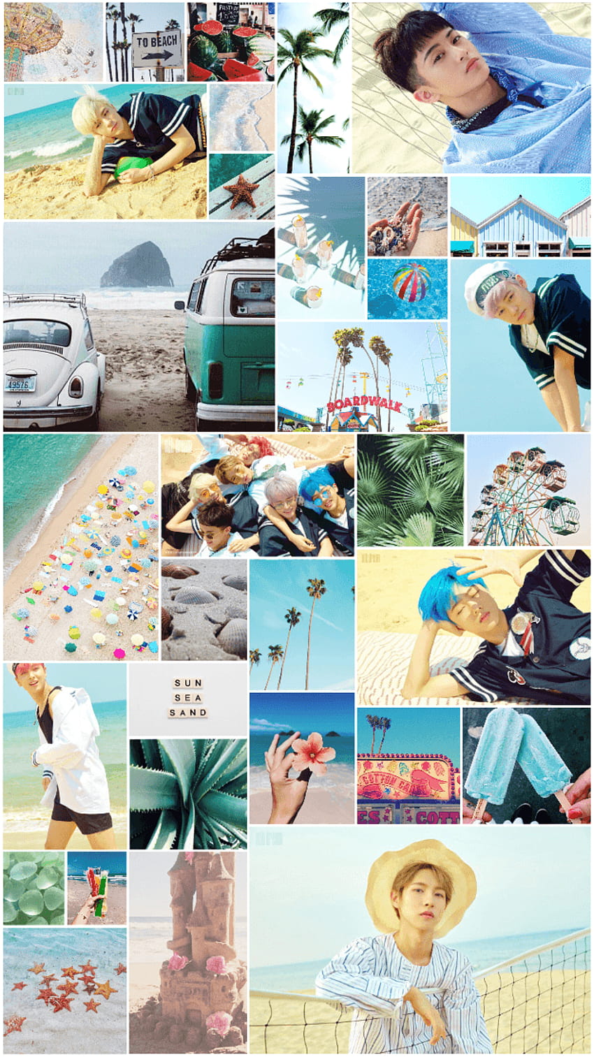 A collage of images of the beach, palm trees, and boys in summer attire - NCT