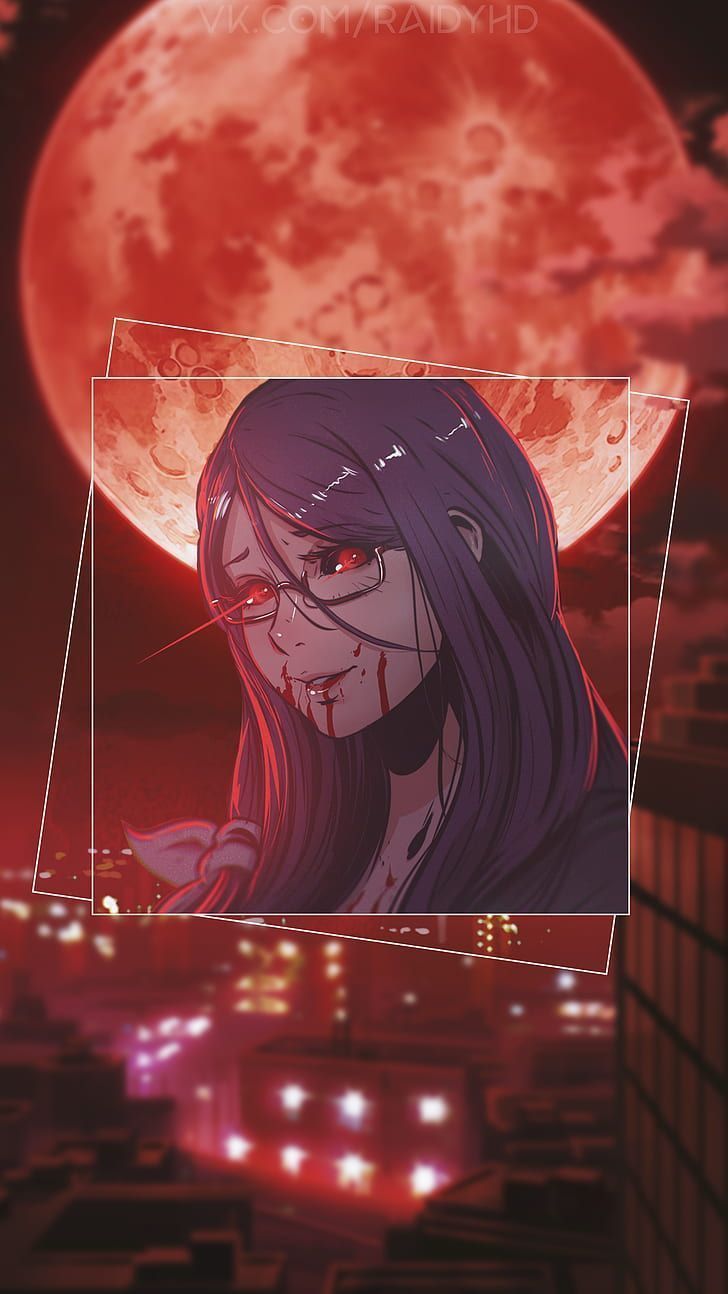 Aesthetic anime wallpaper of a girl with red eyes and a red moon in the background - Tokyo Ghoul