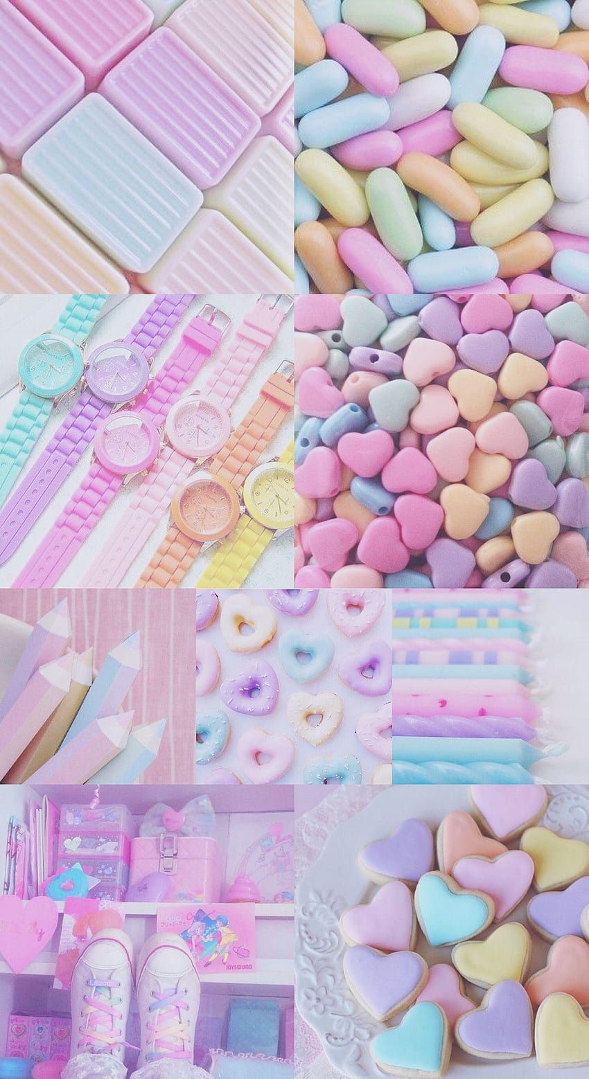 Aesthetic pastel background with sweets, candy, donuts, and cookies. - Pastel rainbow, candy