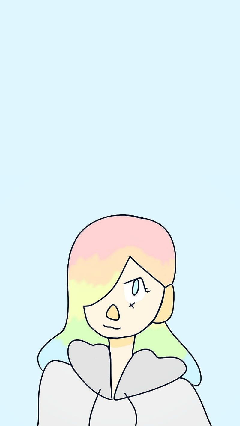A digital drawing of a person with rainbow hair and a white coat against a light blue background - Pastel rainbow