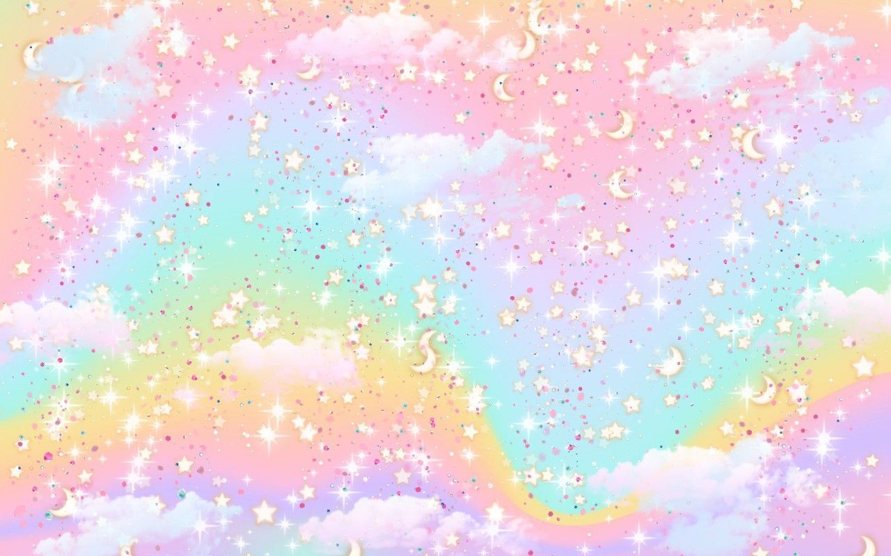Pastel rainbow wallpaper with stars, clouds, and a crescent moon - Pastel rainbow