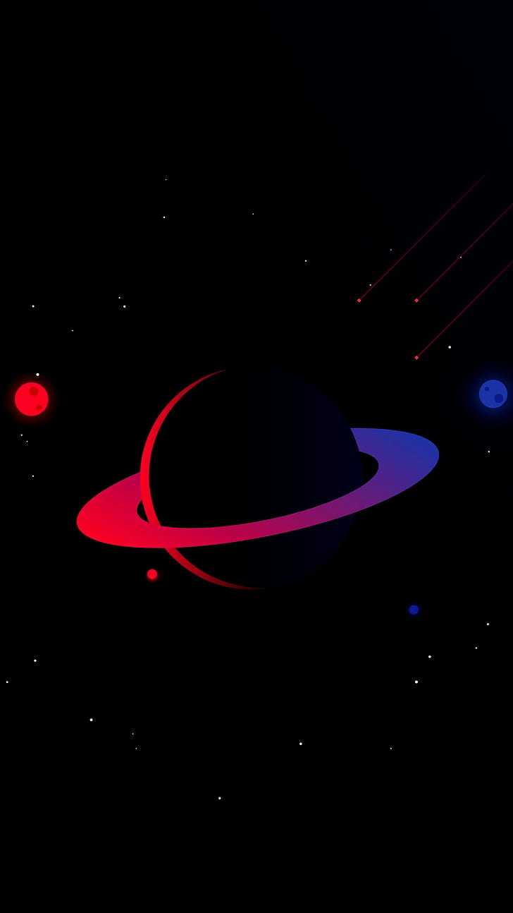 A red and blue planet with rings on a black background - Saturn