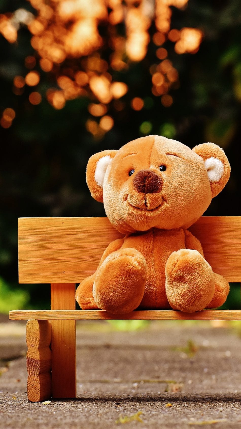 A stuffed bear sitting on the end of bench - Teddy bear