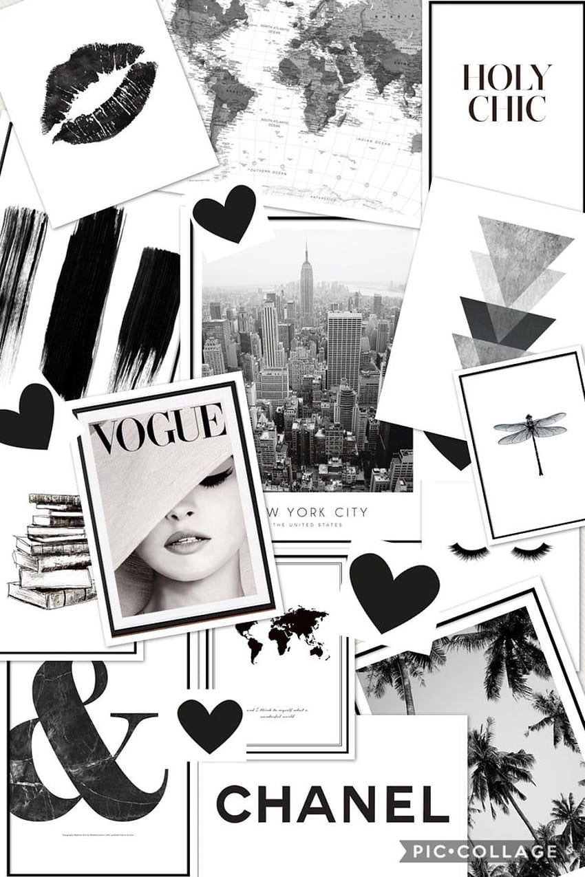 Black and white collage with photos of the city, fashion magazines, lips and hearts. - Vogue, fashion