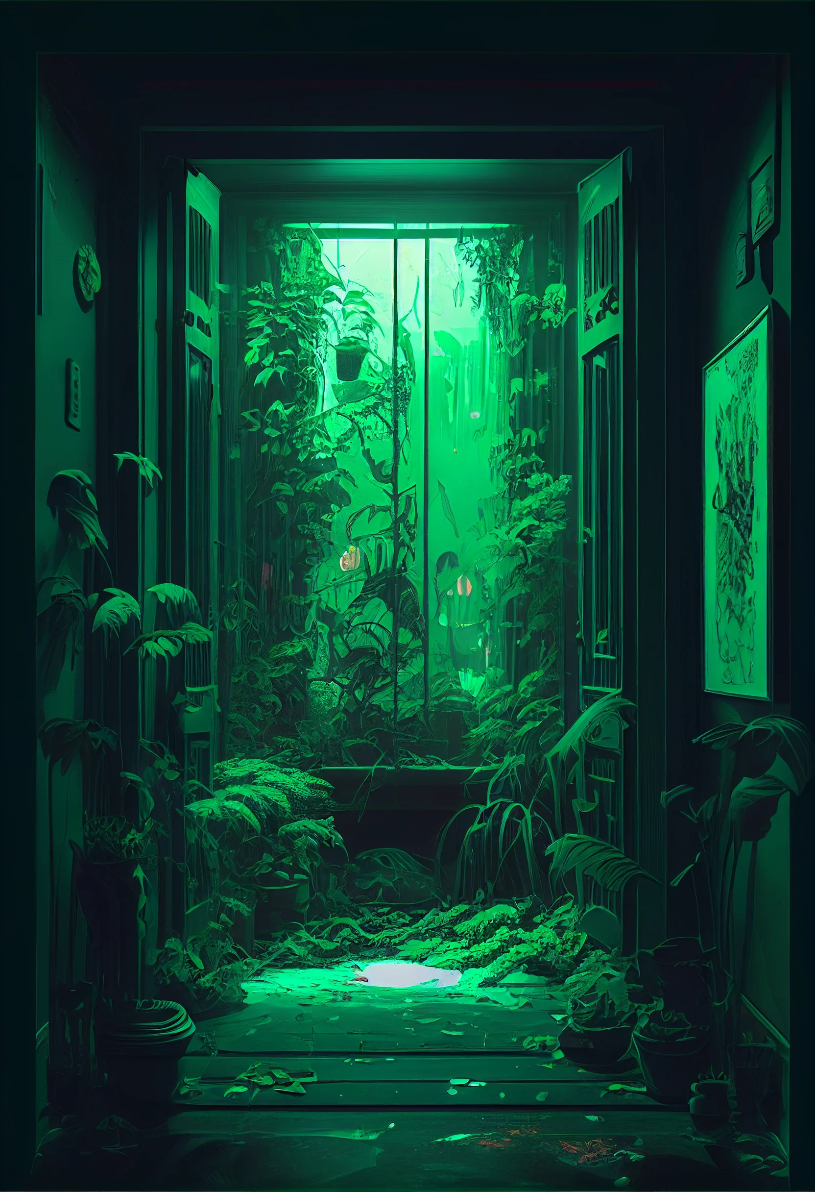 A dark room with plants and green light - Green, dark green