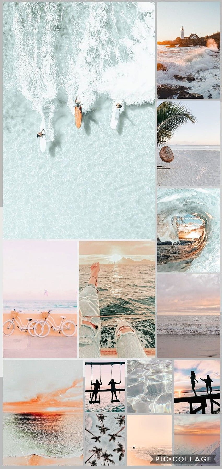 Collage of surfing photos with a teal and orange aesthetic - Beach