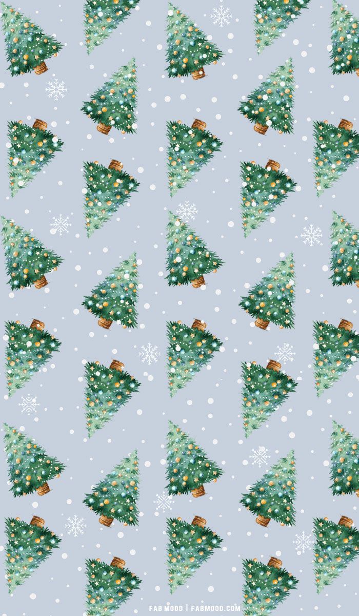 Blue background with white snowflakes, christmas tree wallpaper, drawn in different sizes - Preppy, cute Christmas