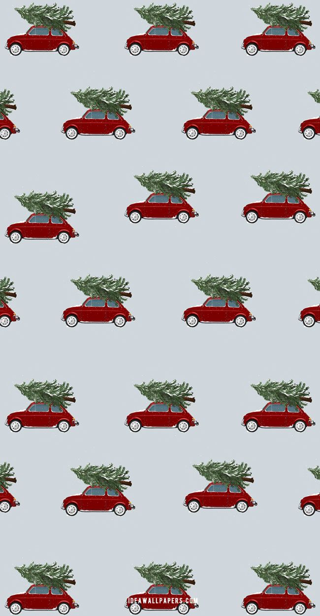 Christmas wallpaper of a red car carrying a Christmas tree. - Preppy, cute Christmas