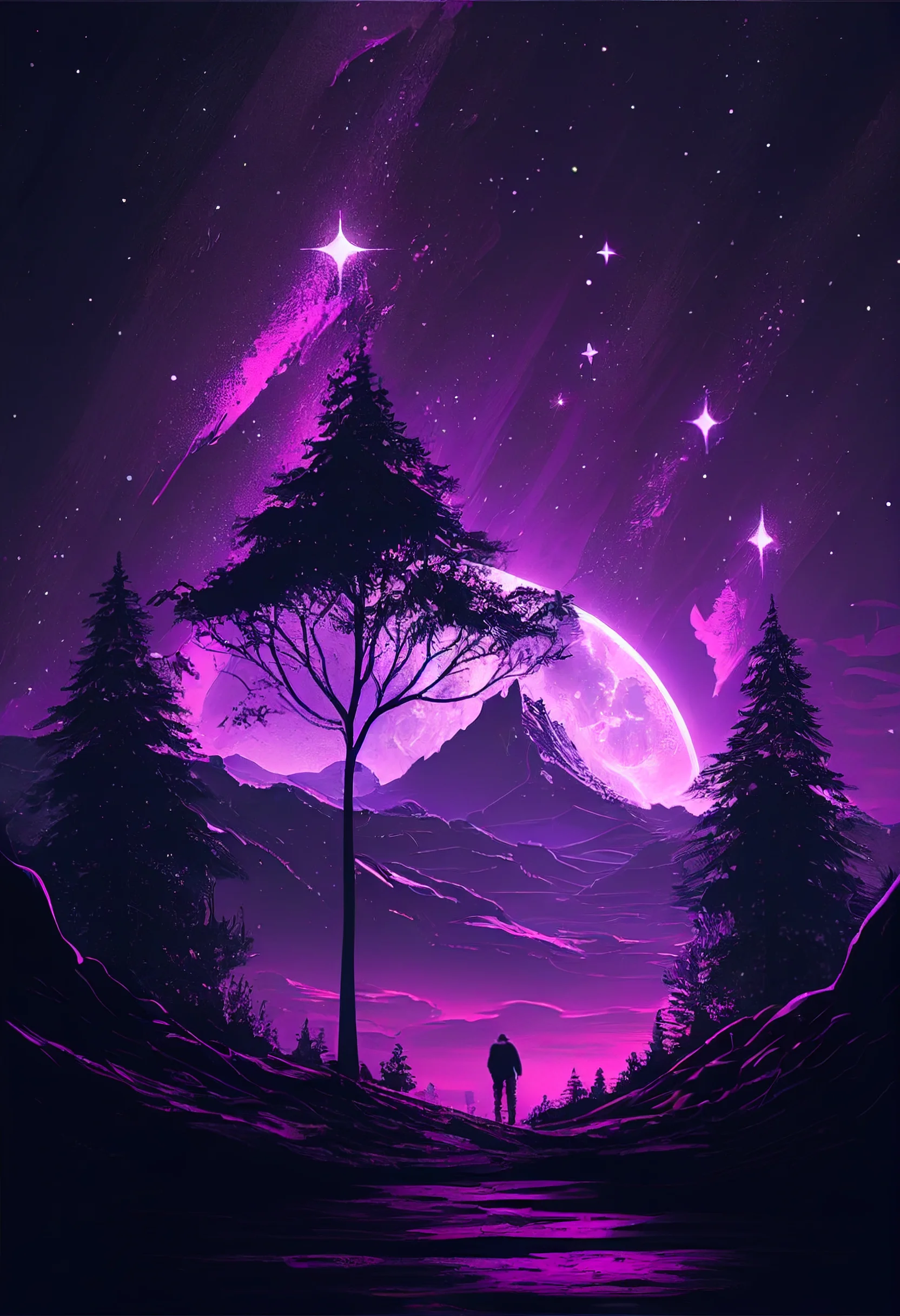 A purple and black image of a person standing in a forest with a purple sky - Purple, iPhone, violet, calming, inspirational, motivational, cool, alien, couple, cute purple