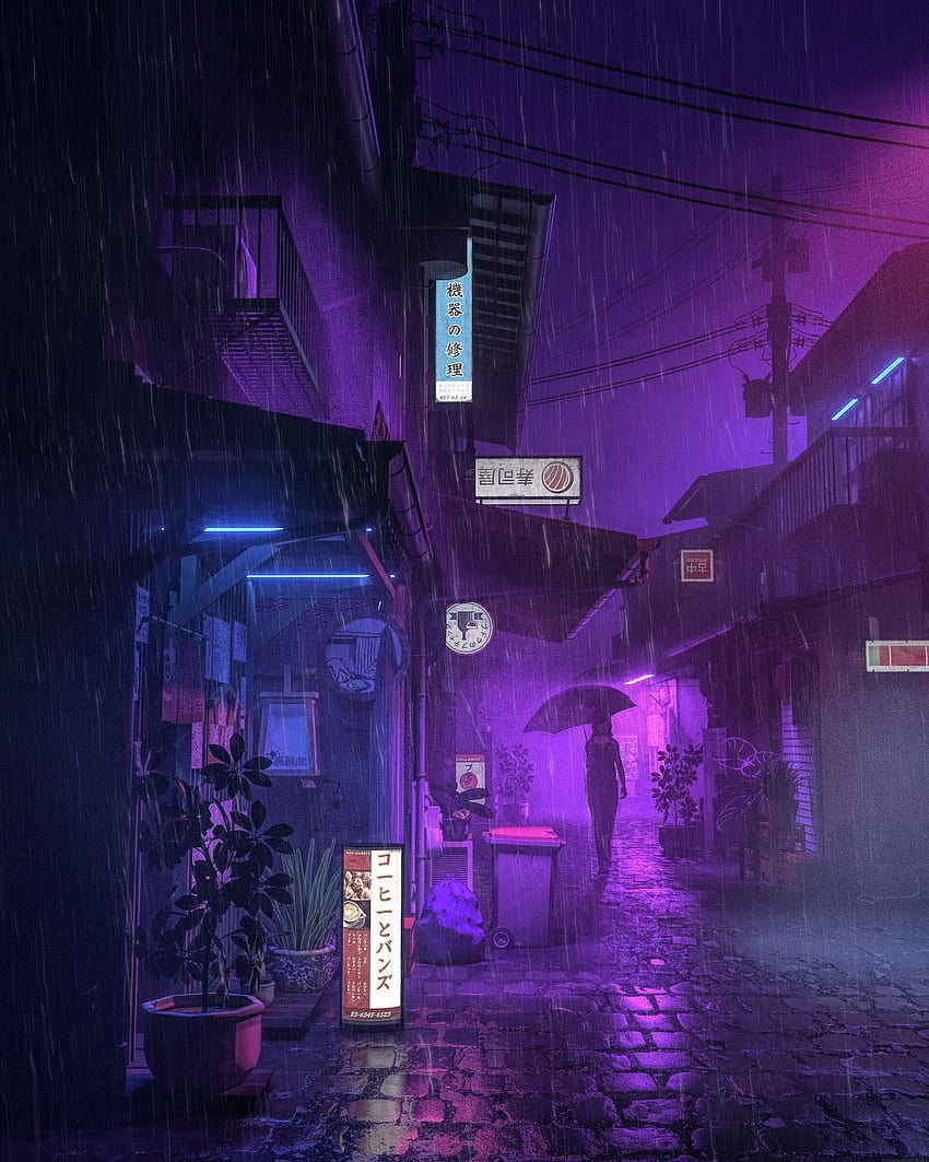 Cyberpunk city street at night with purple and blue lighting - Purple