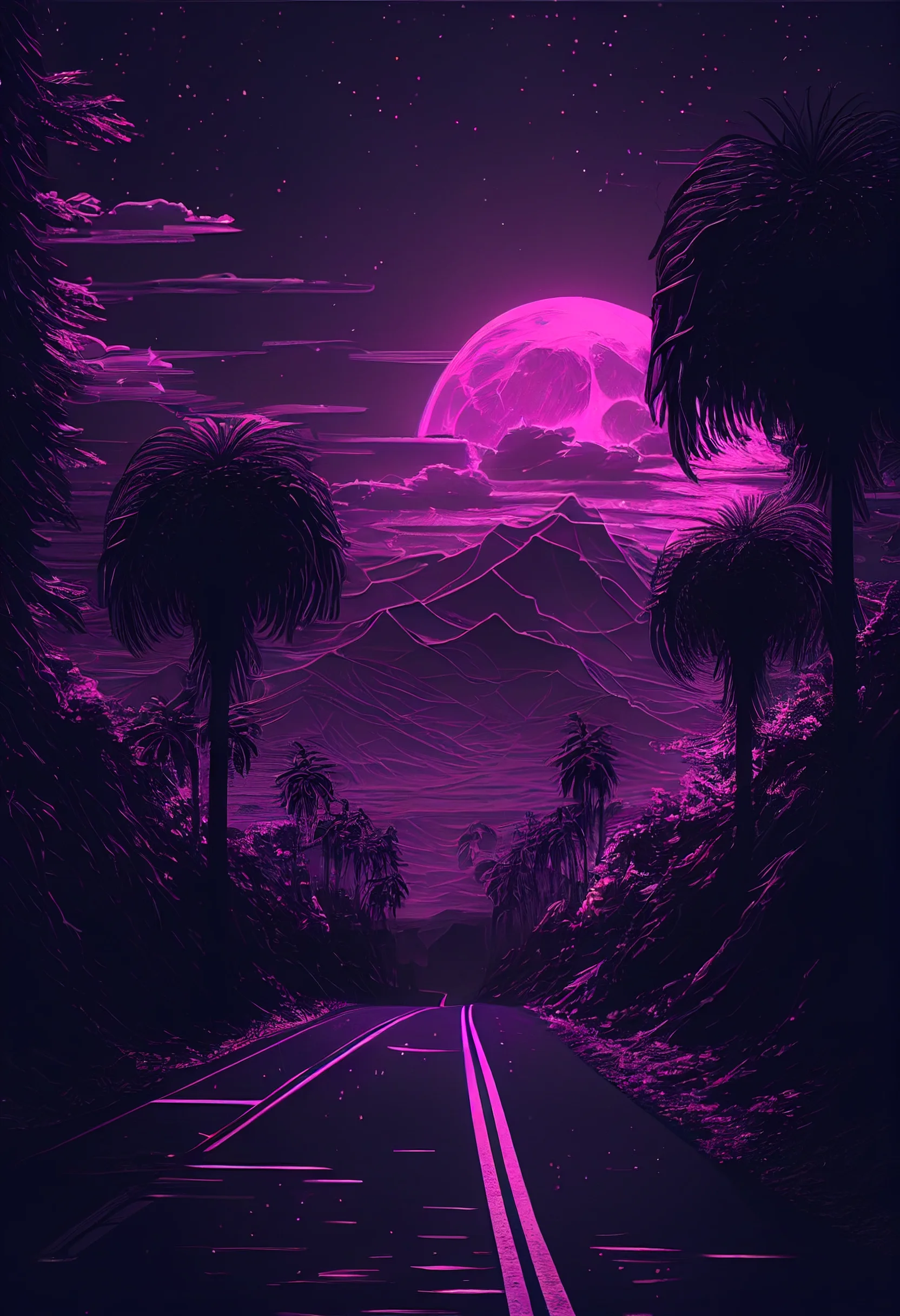 A purple road with palm trees and the moon - Purple