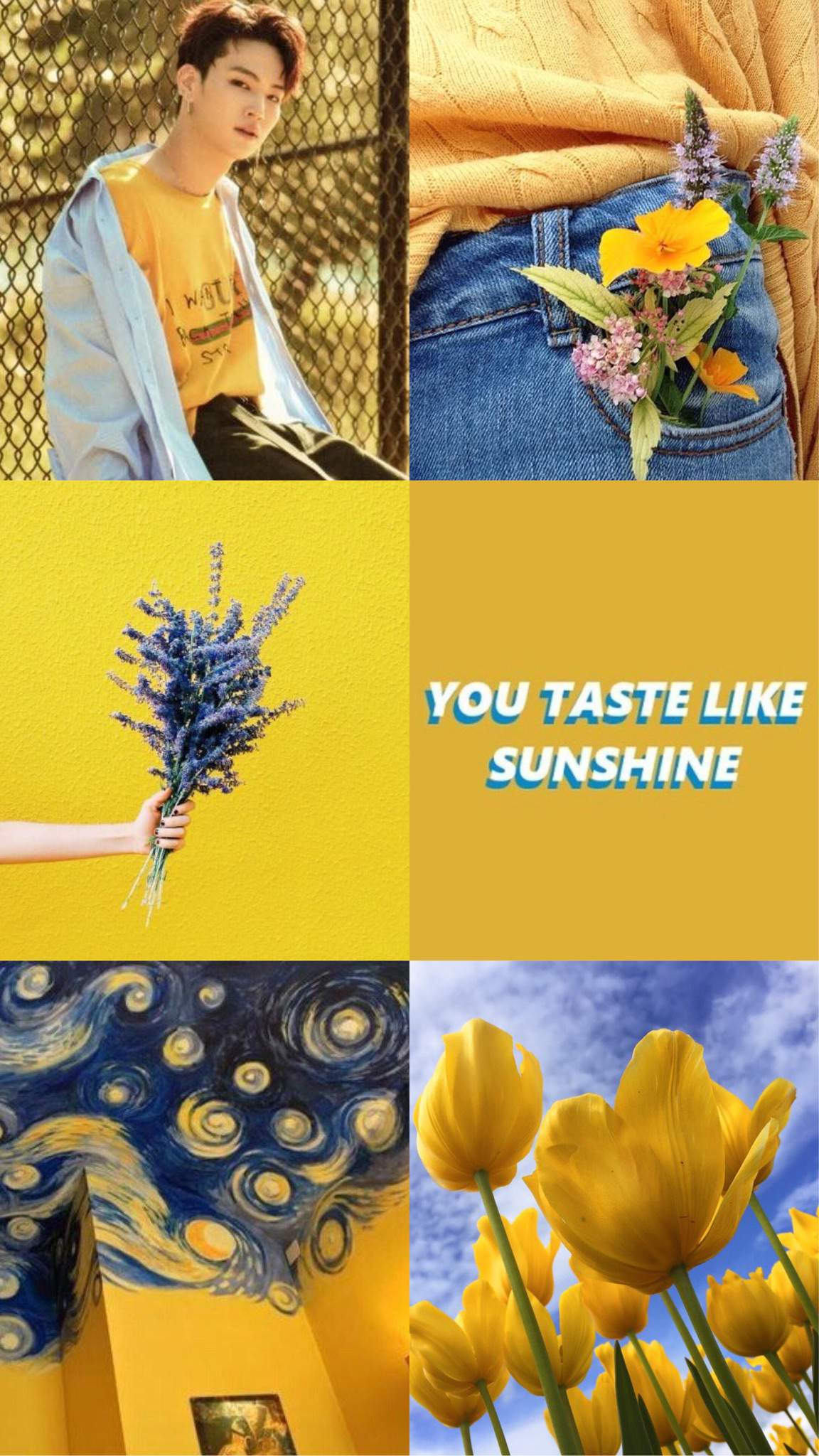 Aesthetic phone background with a collage of yellow and blue images and a picture of BTS member Jimin - Summer, sunshine