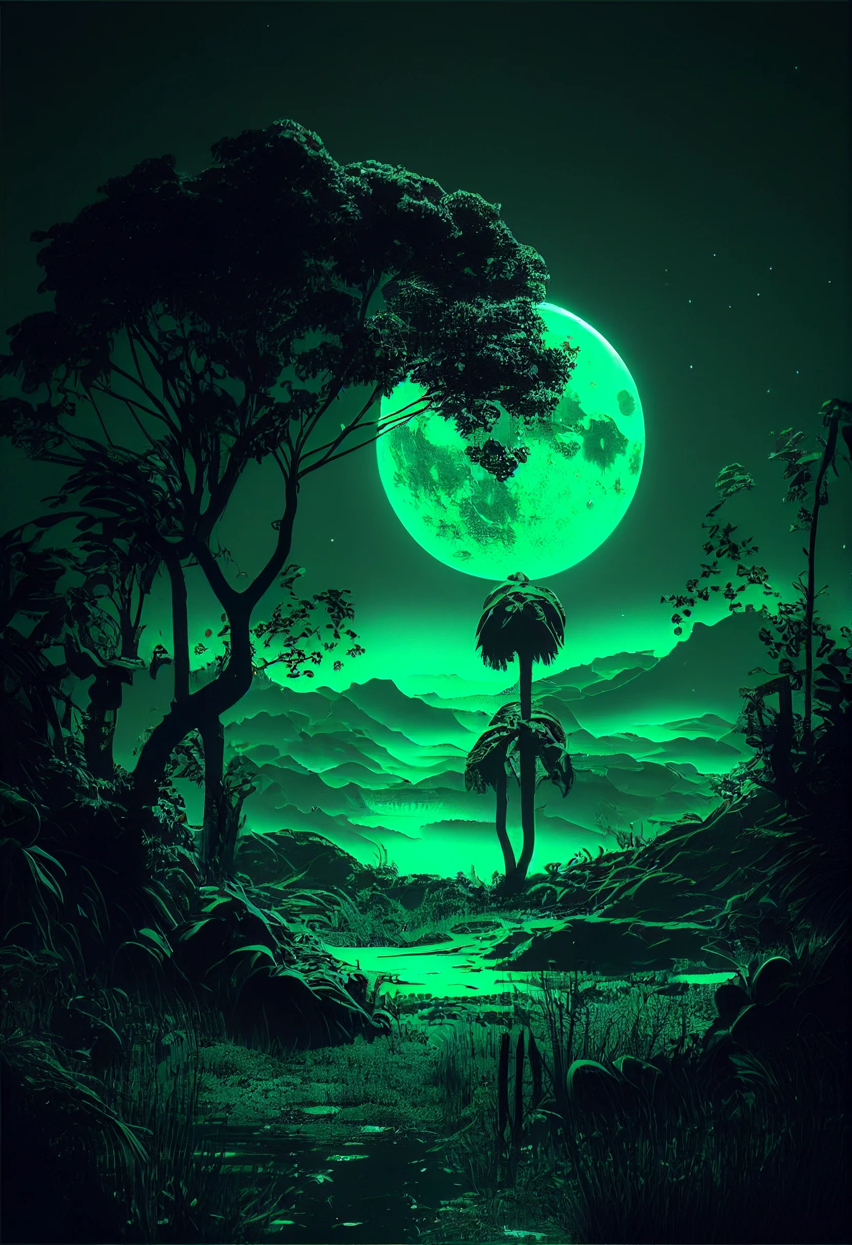 A green moon shines over a dark forest. - Sage green, landscape