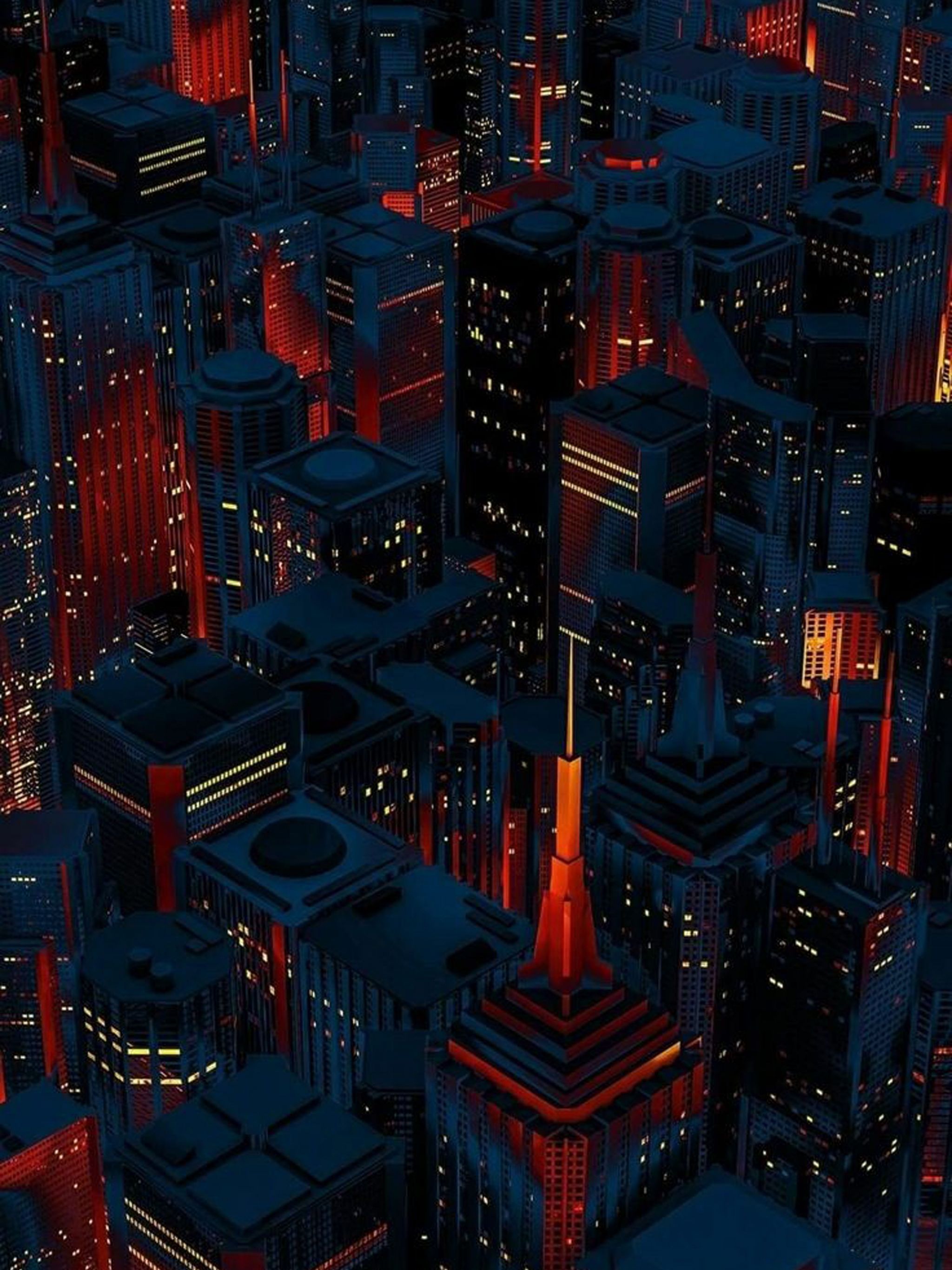 A cityscape of skyscrapers lit up at night - City