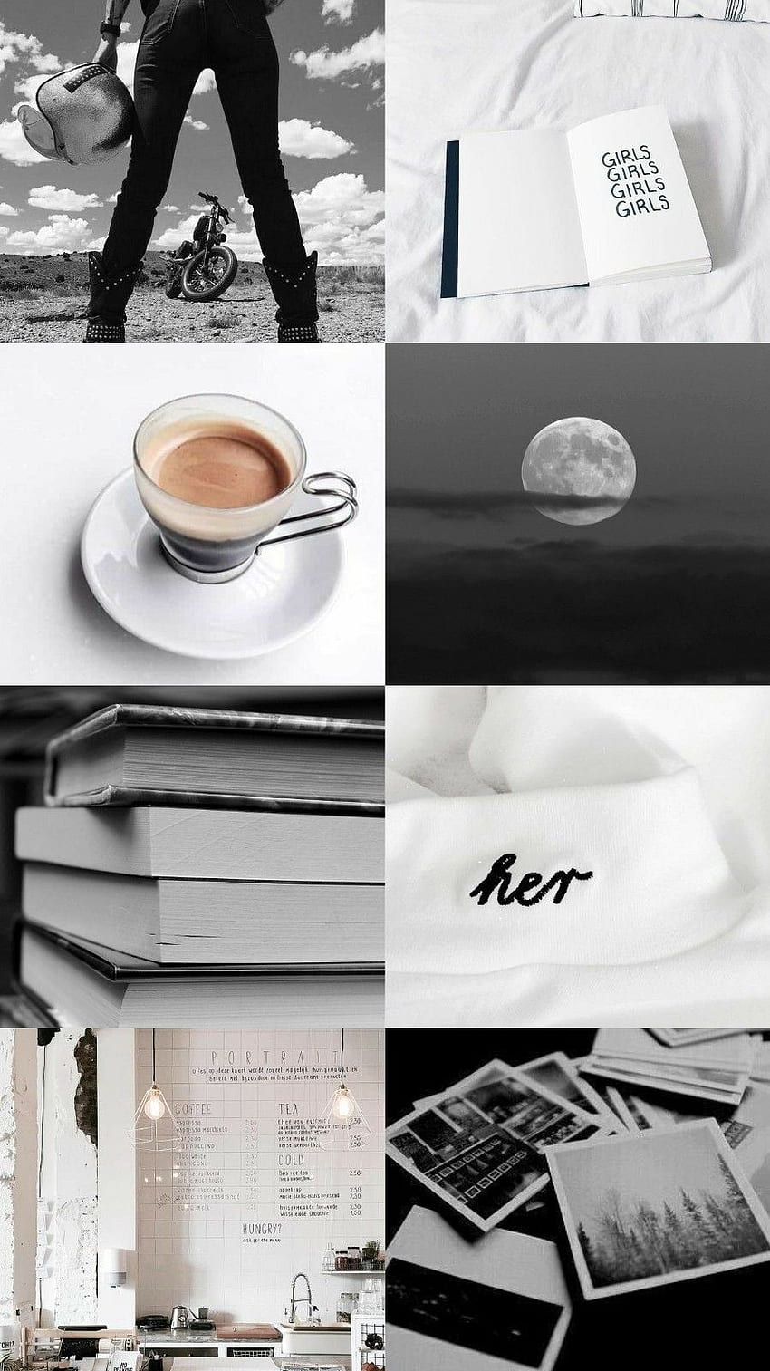 Aesthetic collage of black and white photos including a person standing on a motorcycle, a coffee cup, a book, a moon, and a beanie. - Coffee