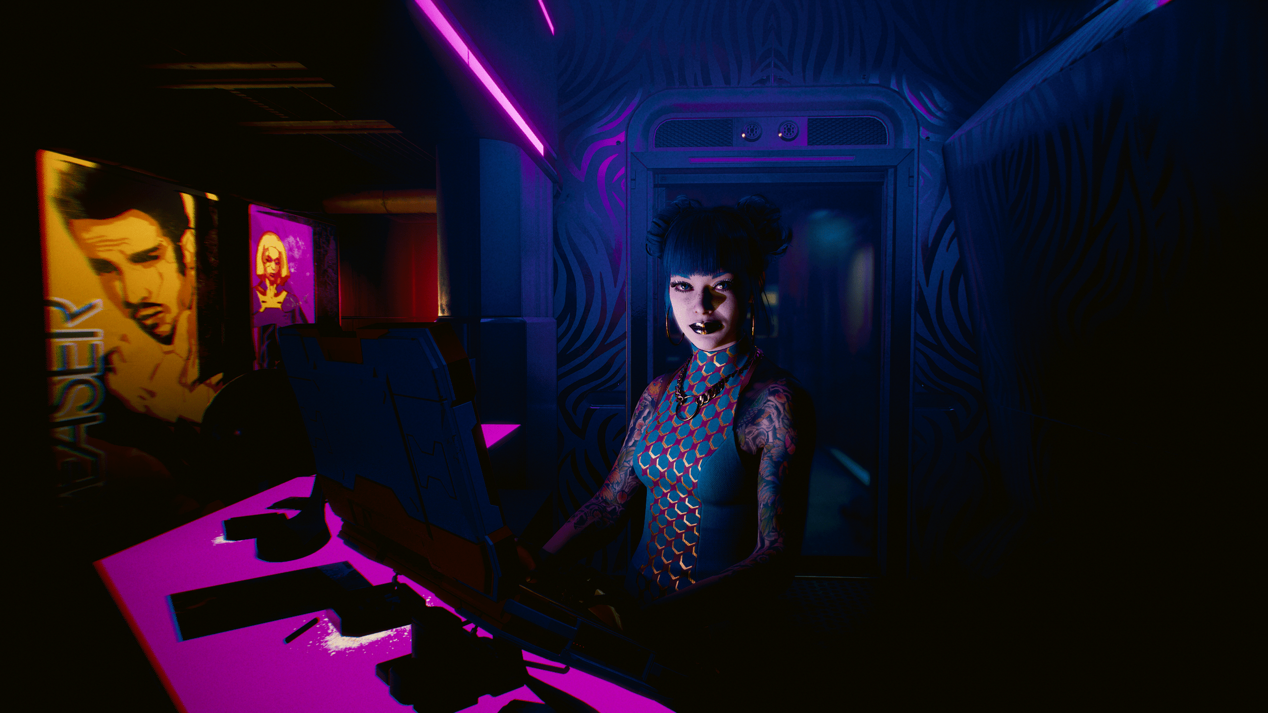 Cyberpunk 2077 character standing in a purple-lit room - Cyberpunk