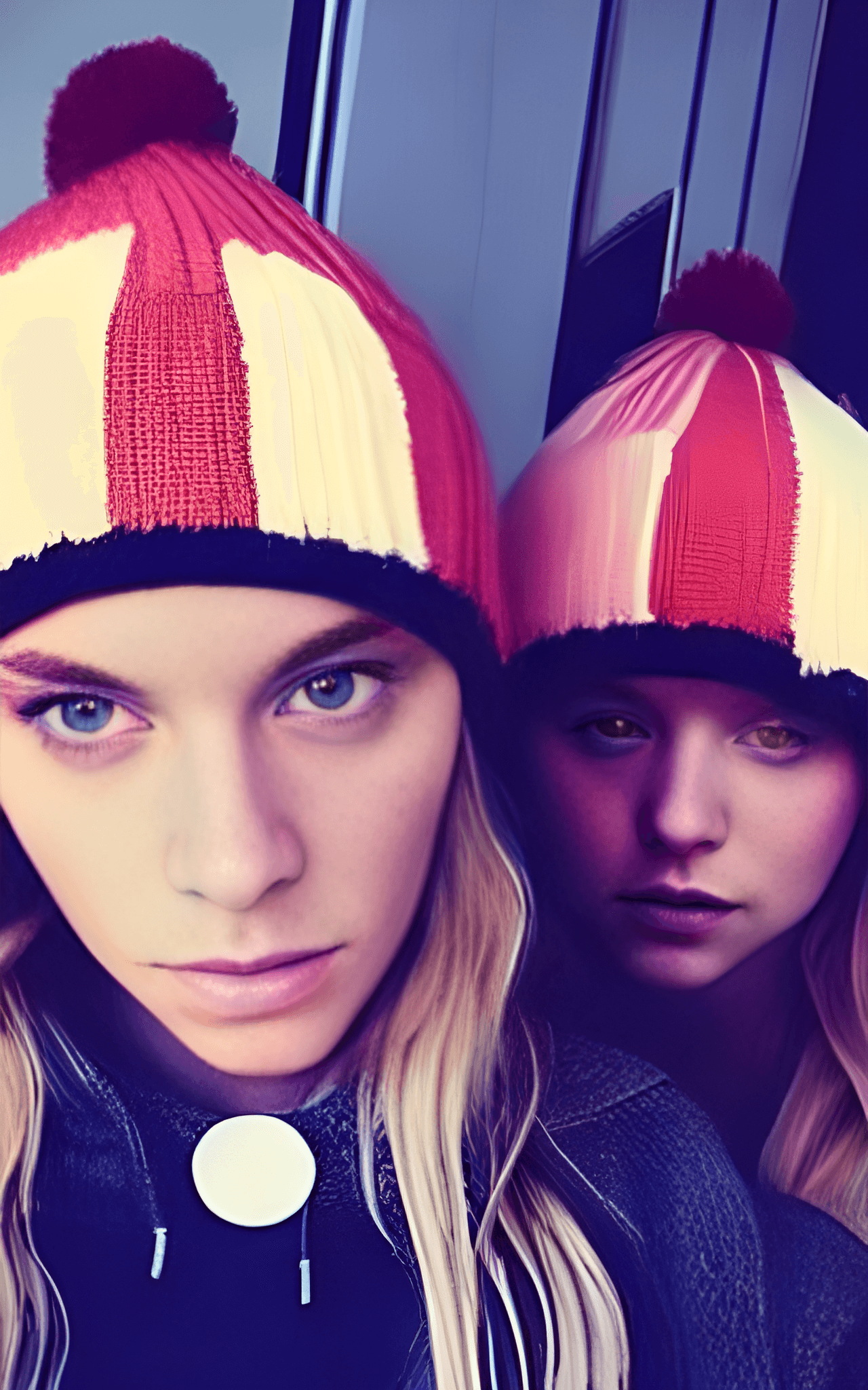 Two young women wearing matching red and white hats - VSCO