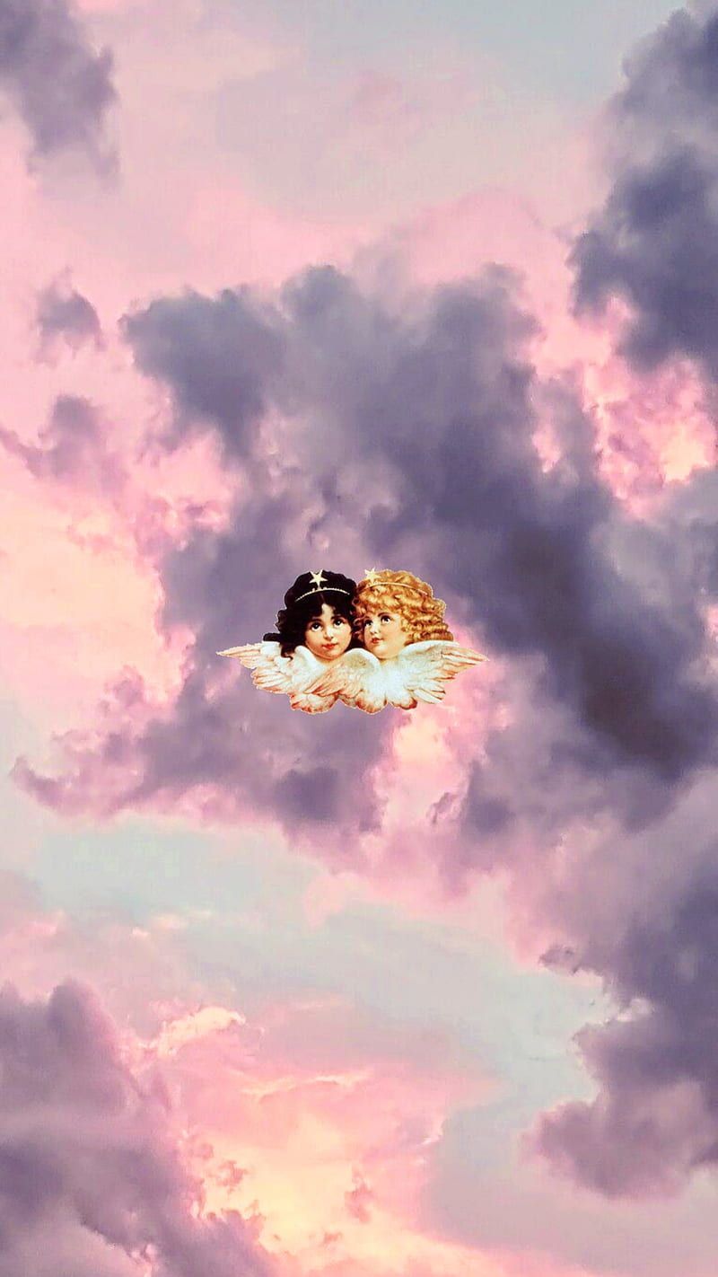 Aesthetic, angels, blue, cloud, clouds, orange, pink, HD phone wallpaper