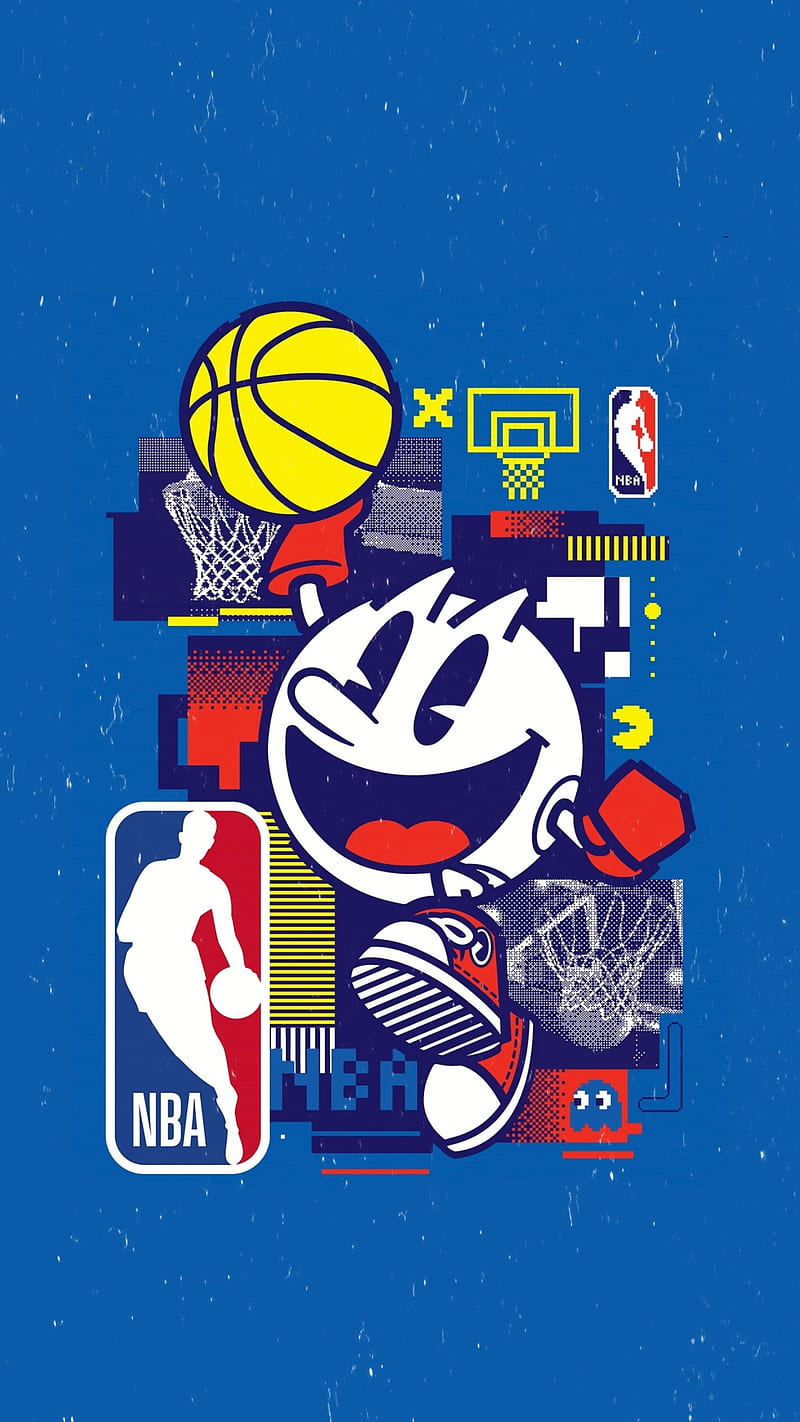 A digital artwork of a smiling Pac-Man character holding a basketball. - NBA