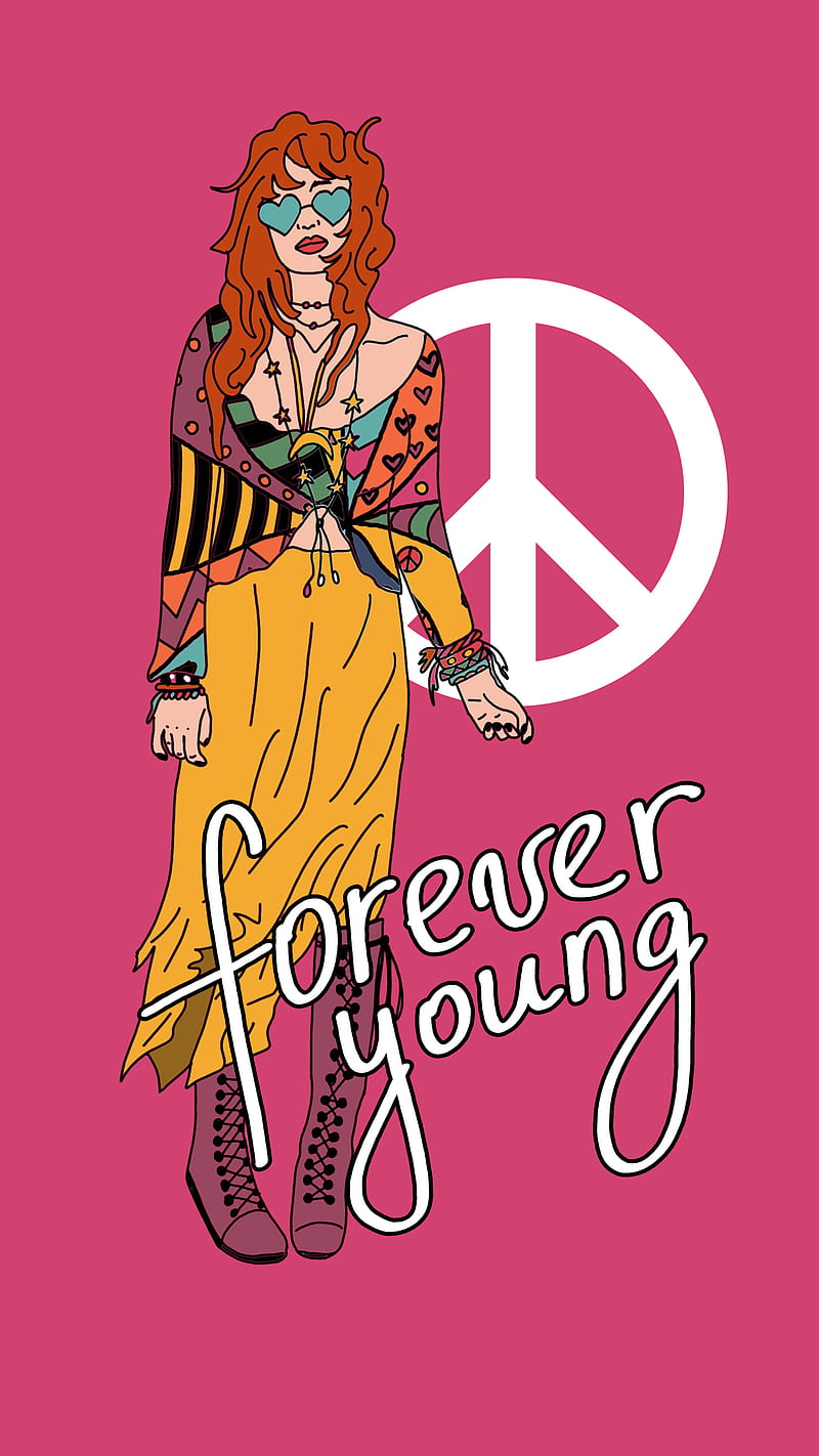 Forever Young, 60s, 70s, 80s, Hippie, Pop Art, girl, peace, pink, popular, retro, HD phone wallpaper