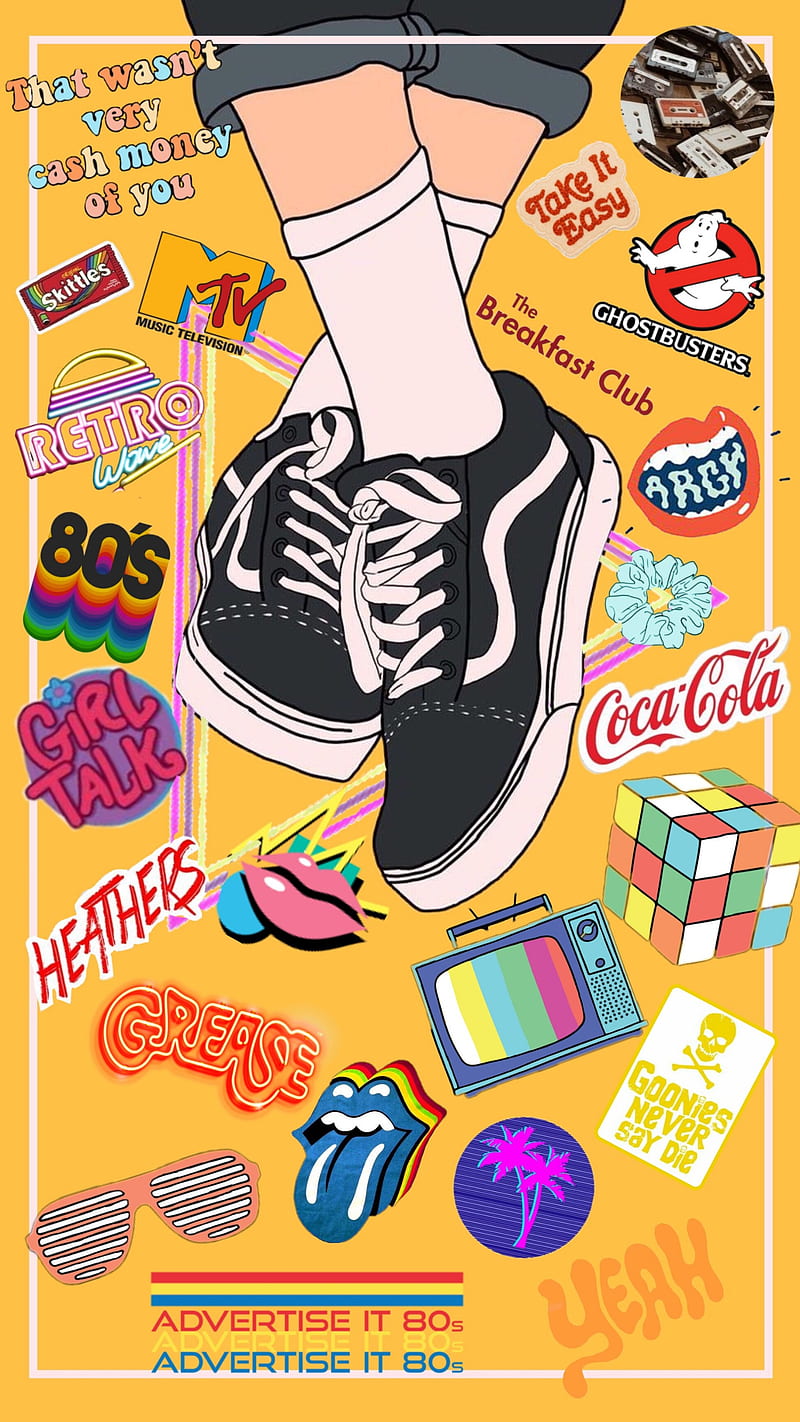 A pair of feet wearing black and white vans, surrounded by 80s stickers such as heather, grease, coke, and ghostbusters. - 80s, 90s