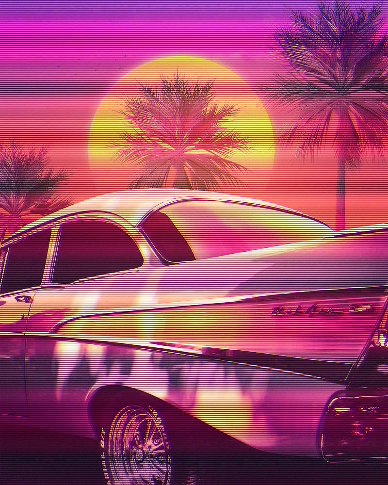A vintage car parked under a palm tree with a sunset in the background.  - 80s