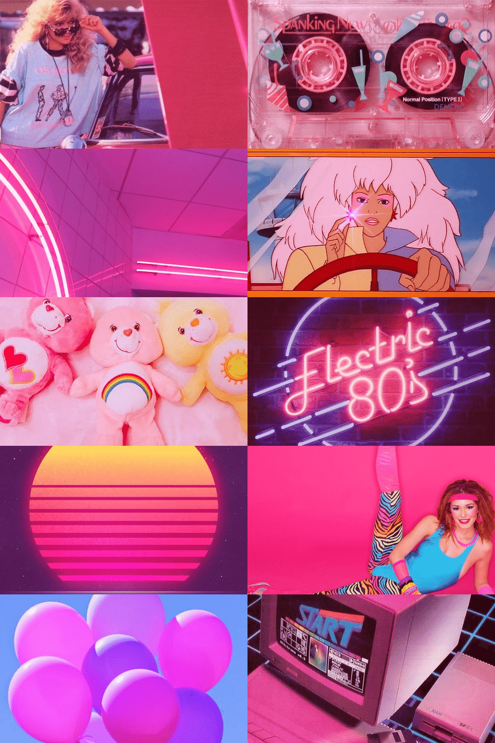 A collage of different images with pink and purple colors - 80s