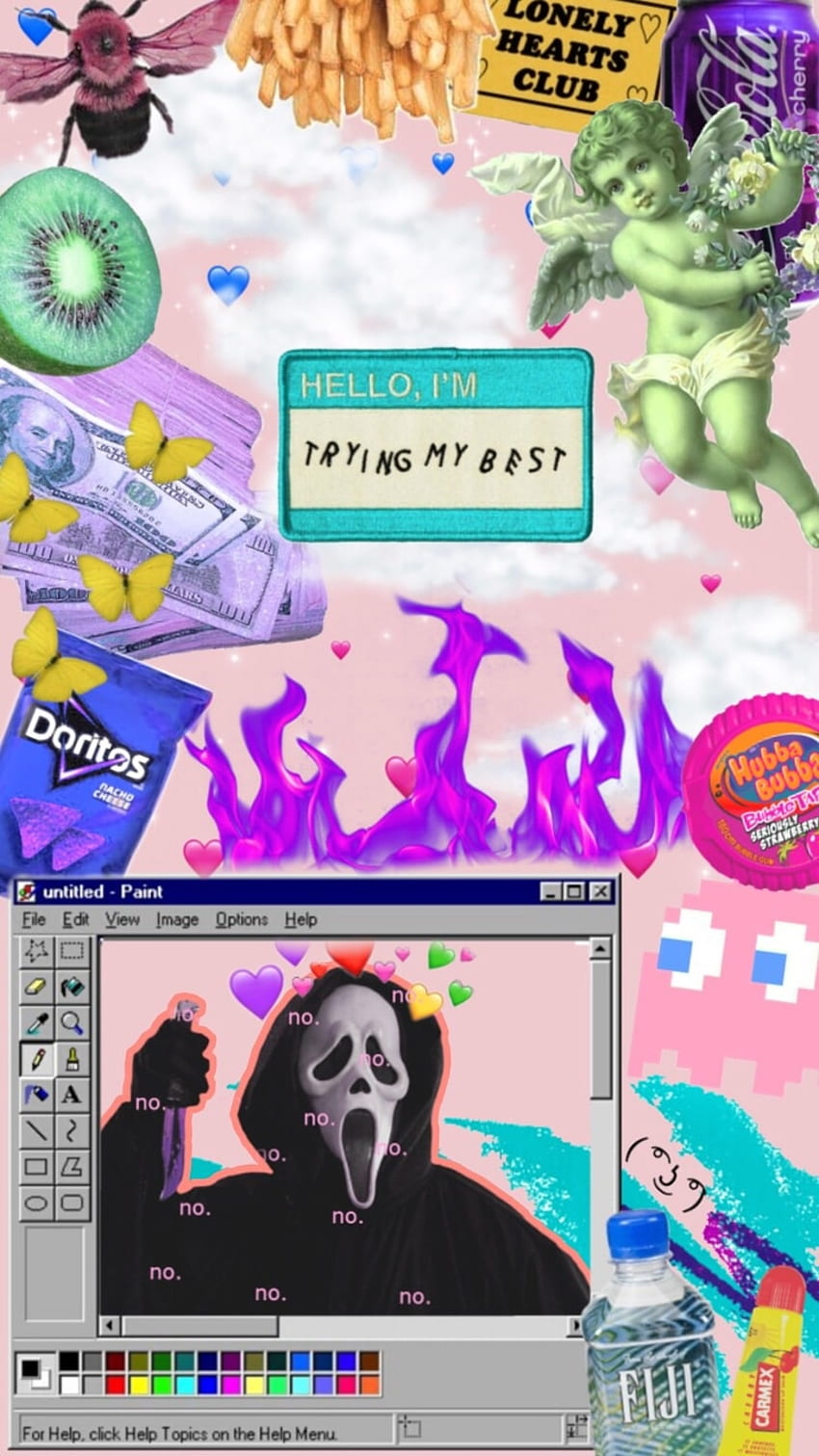 A computer screen with various items on it - 90s, Windows 98, Doritos, Ghostface