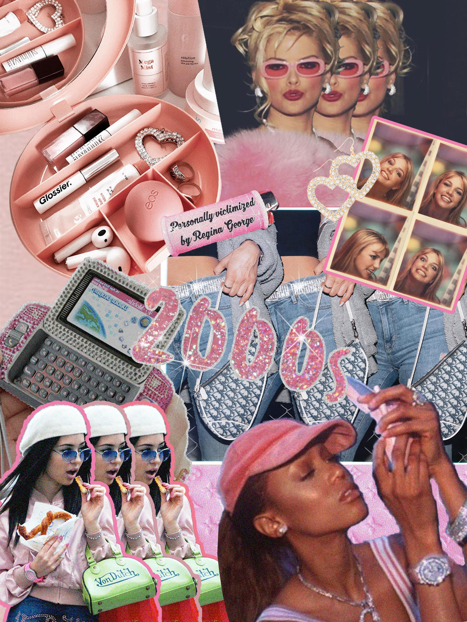 A collage of images from the 2000s including pink makeup, a pink phone, and a pink watch. - 2000s