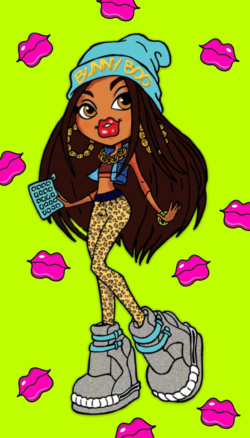A cartoon image of a girl with long brown hair wearing a blue beanie, leopard print tights, and big grey boots. - 2000s