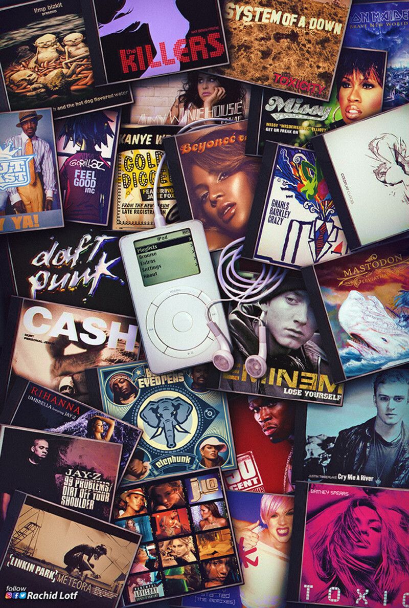 A collage of music album covers with an iPod in the center. - 2000s