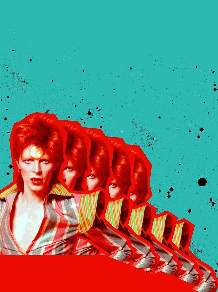 A blue and red graphic image of David Bowie with his hair in a red wig. - David Bowie